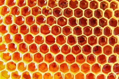 Photo of Filled honeycomb as background. Healthy natural sweetener