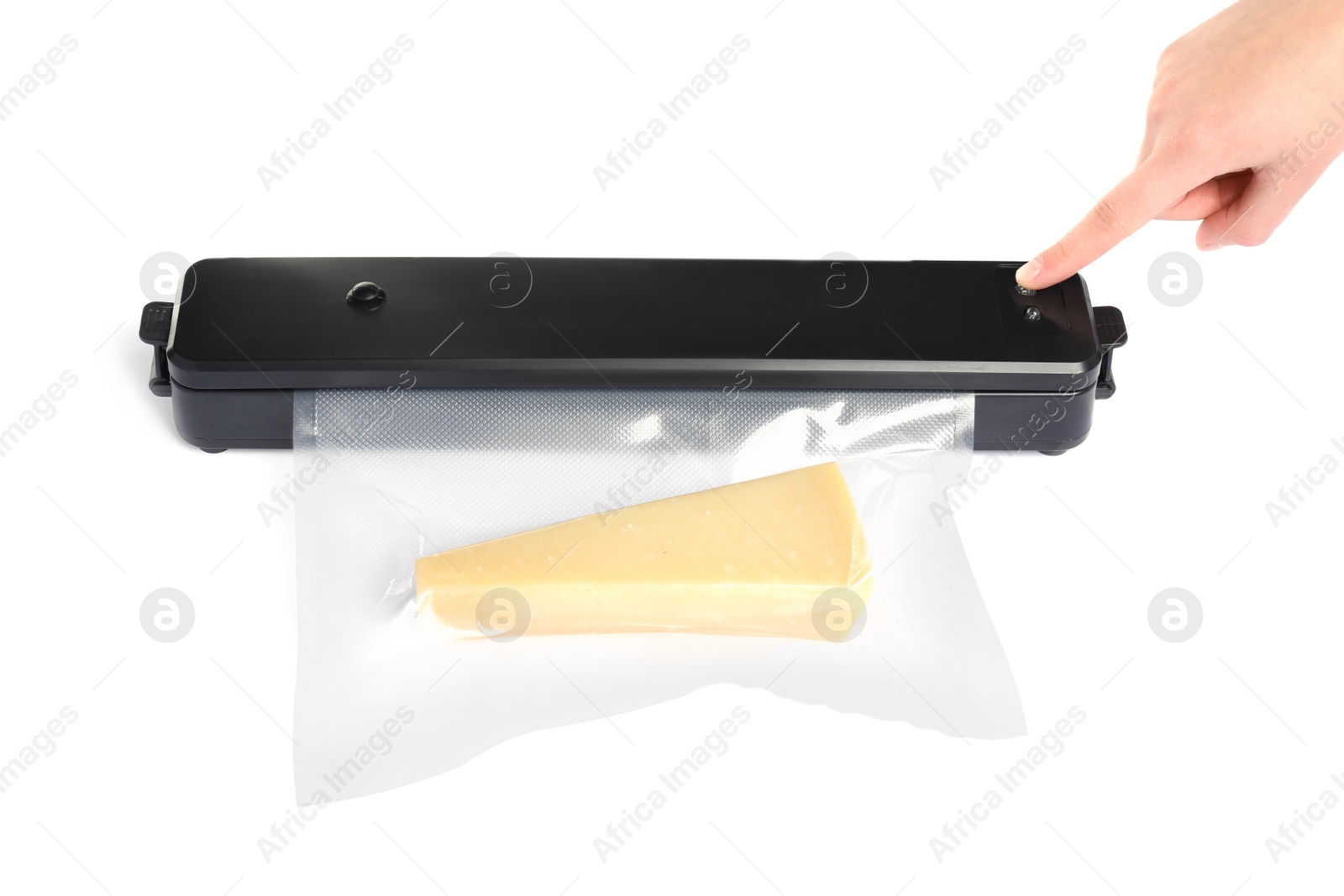 Photo of Woman packing cheese using vacuum sealer on white background, closeup