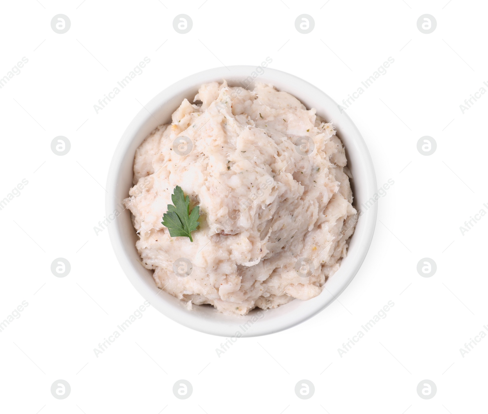 Photo of Lard spread in bowl isolated on white, top view