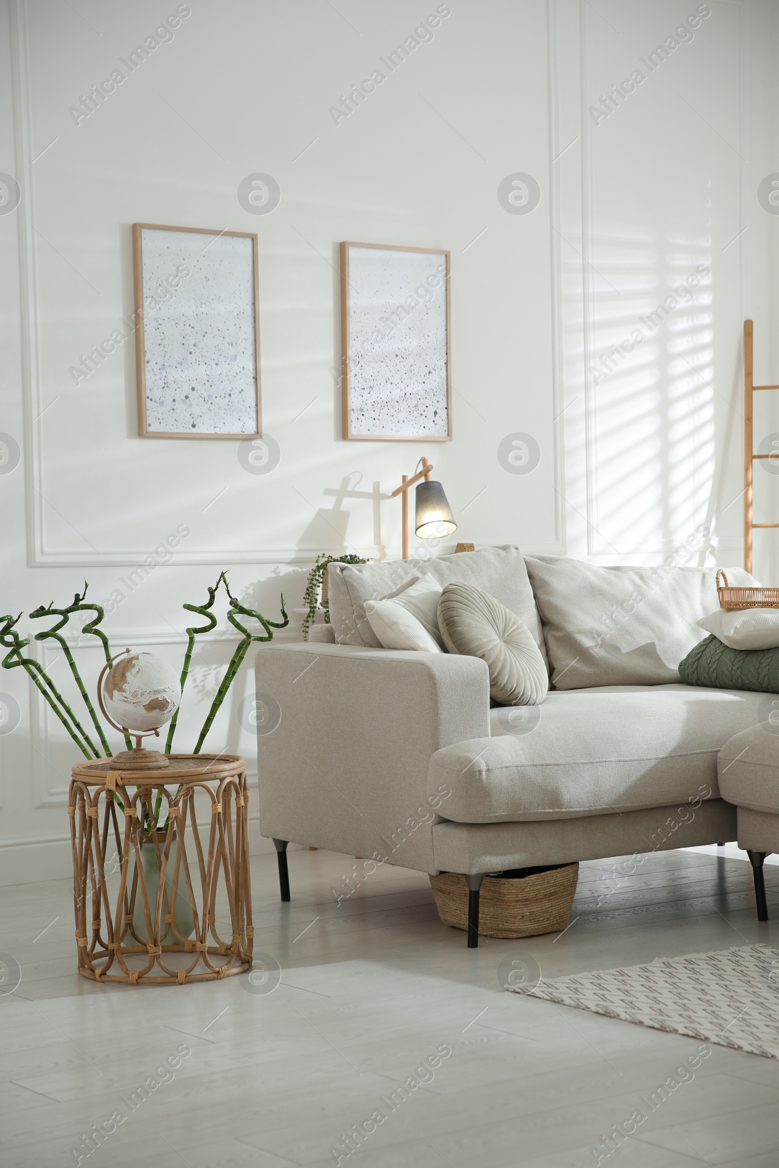 Photo of Stylish living room interior with comfortable grey sofa and beautiful pictures