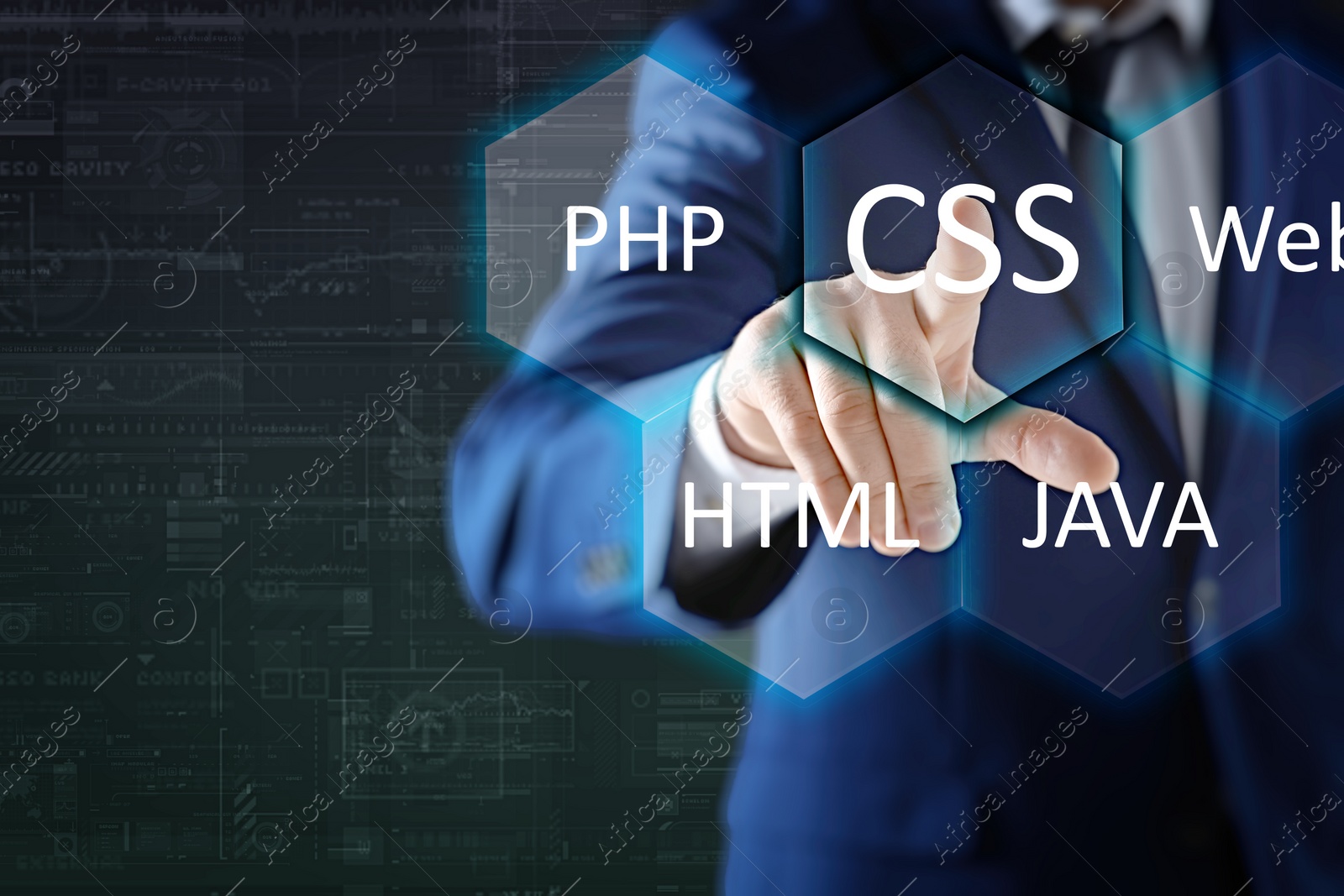 Image of Web development. Man using button CSS on virtual screen, closeup 