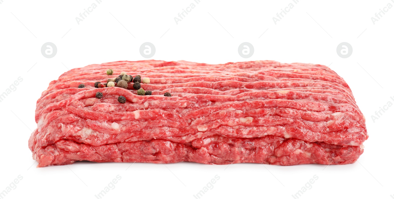 Photo of Raw ground meat and peppercorns isolated on white