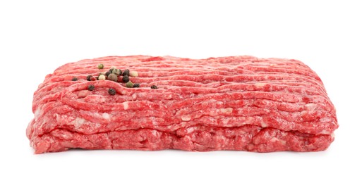 Photo of Raw ground meat and peppercorns isolated on white