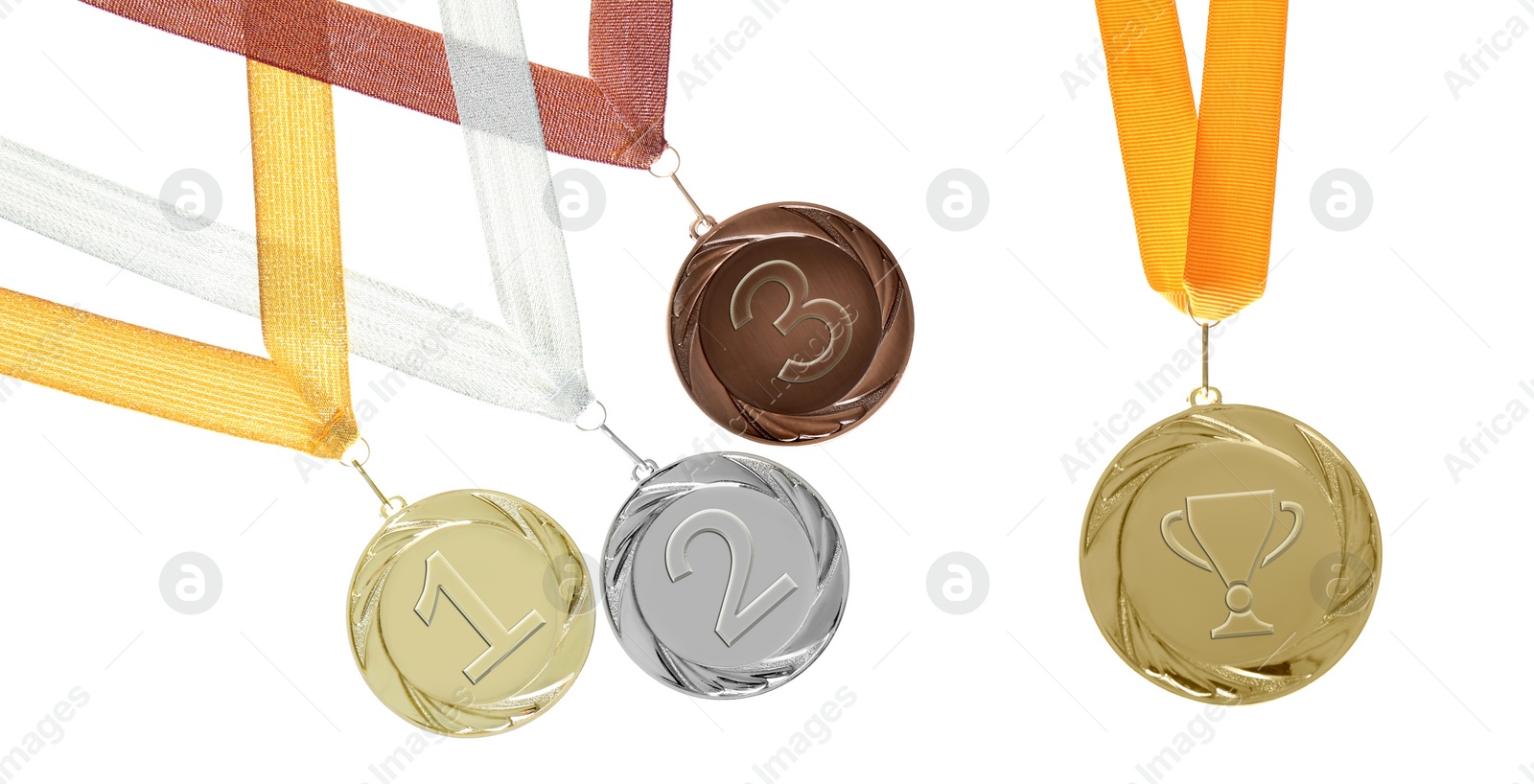 Image of Gold, silver and bronze medals isolated on white, set