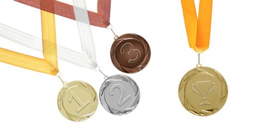 Image of Gold, silver and bronze medals isolated on white, set