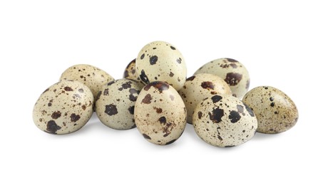 Photo of Many beautiful quail eggs on white background