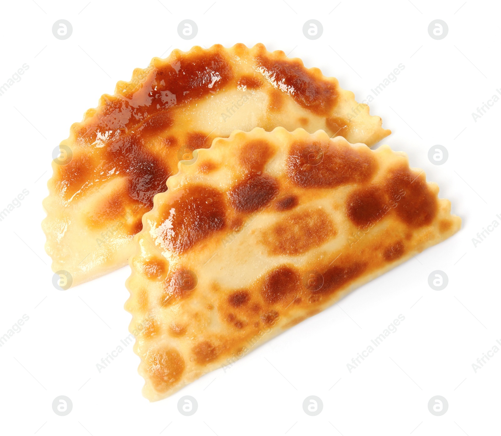 Photo of Delicious fried chebureki isolated on white, top view. Traditional pastry