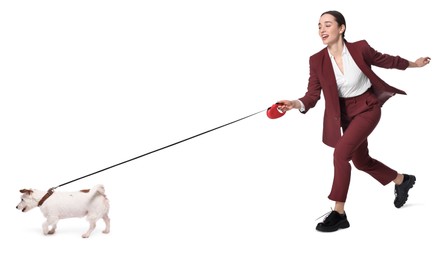 Image of Smiling businesswoman walking with dog on white background