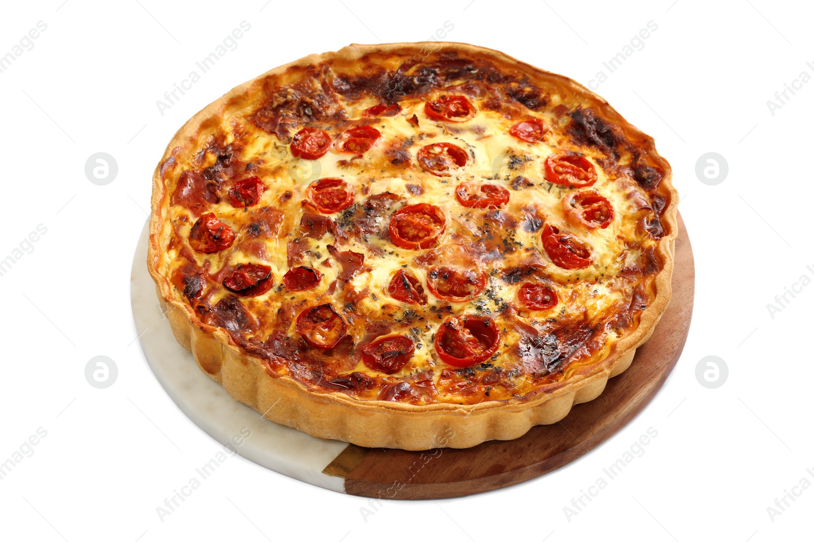 Photo of Delicious homemade quiche with prosciutto and tomatoes isolated on white