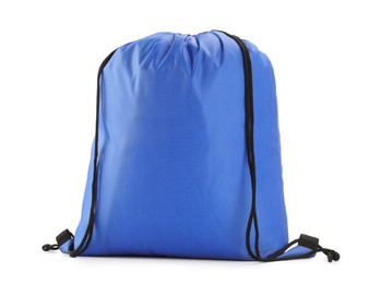 Photo of One blue drawstring bag isolated on white