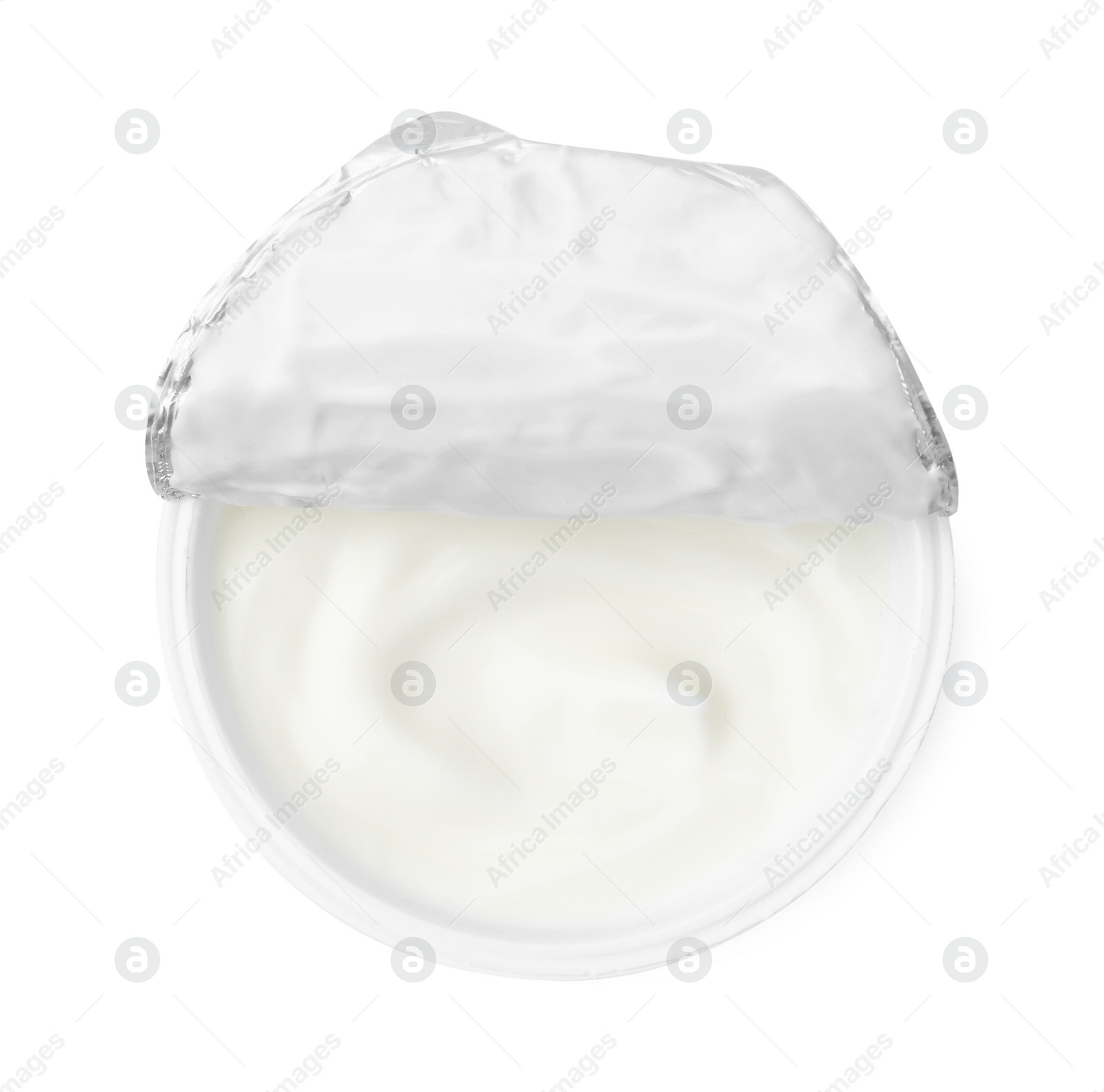 Photo of Delicious natural yogurt in plastic cup isolated on white, top view