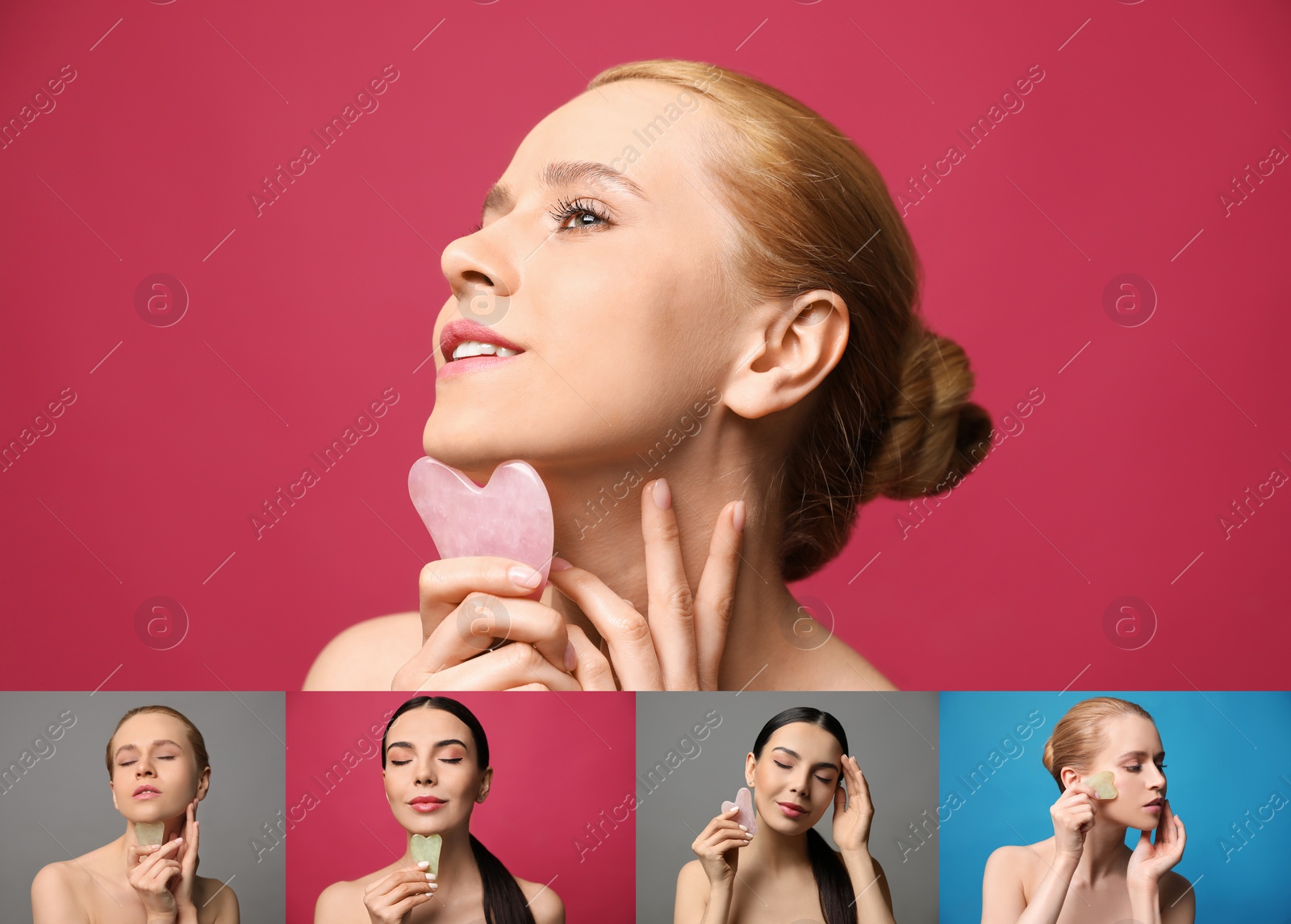 Image of Collage with portraits of beautiful women with gua sha facial tools on color backgrounds