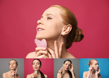 Collage with portraits of beautiful women with gua sha facial tools on color backgrounds