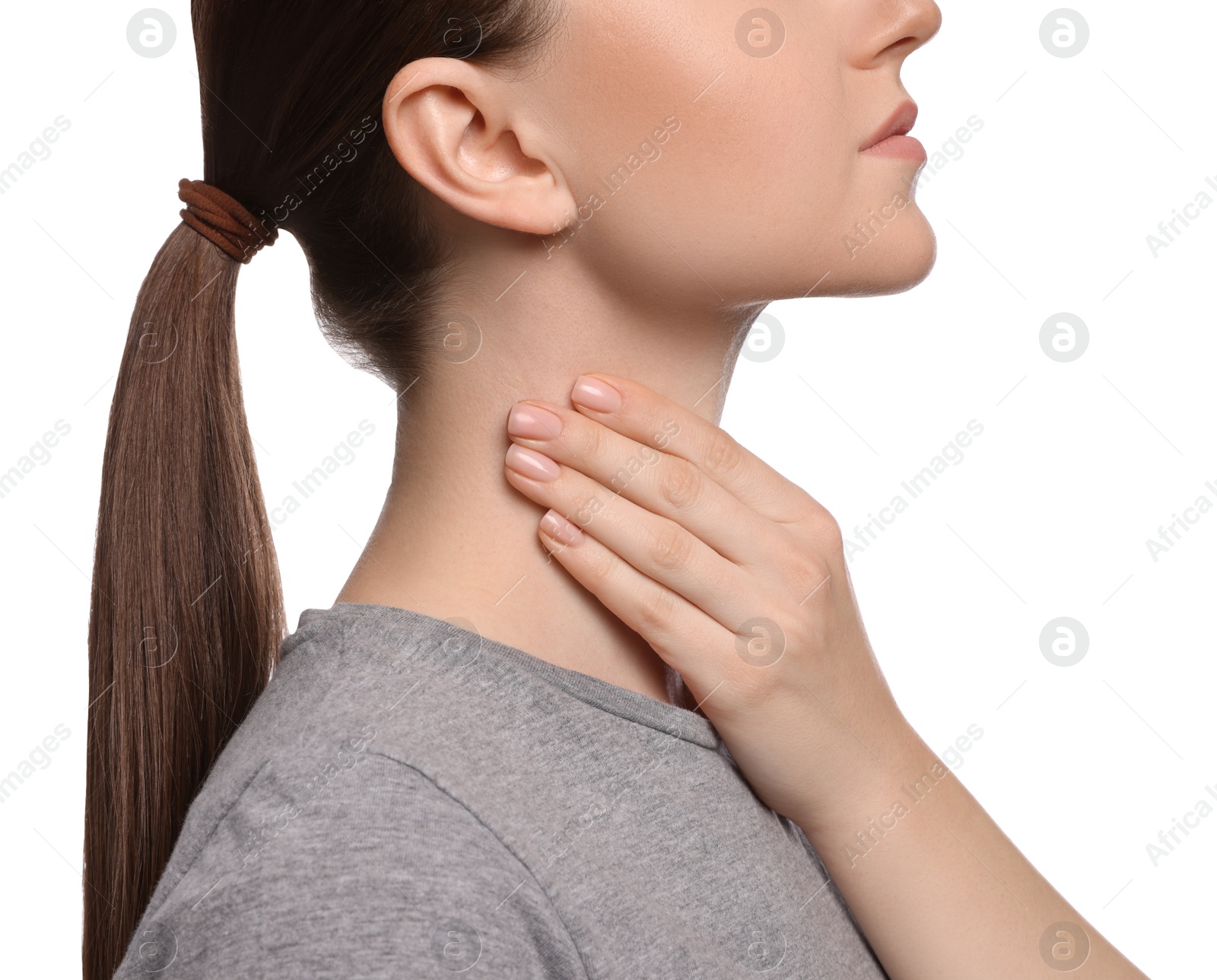 Photo of Woman with sore throat on white background, closeup