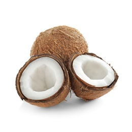 Photo of Ripe coconuts on white background