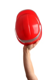 Construction worker holding hard hat isolated on white