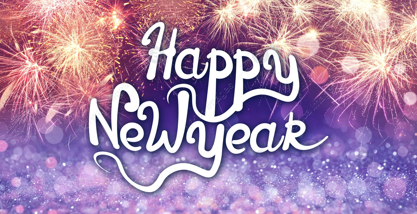 Illustration of Text Happy New Year on festive background with fireworks, bokeh effect