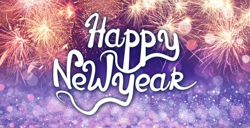 Text Happy New Year on festive background with fireworks, bokeh effect