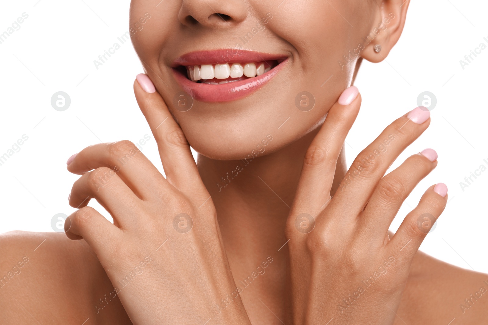 Photo of Young woman with beautiful smile on white background, closeup. Cosmetic dentistry