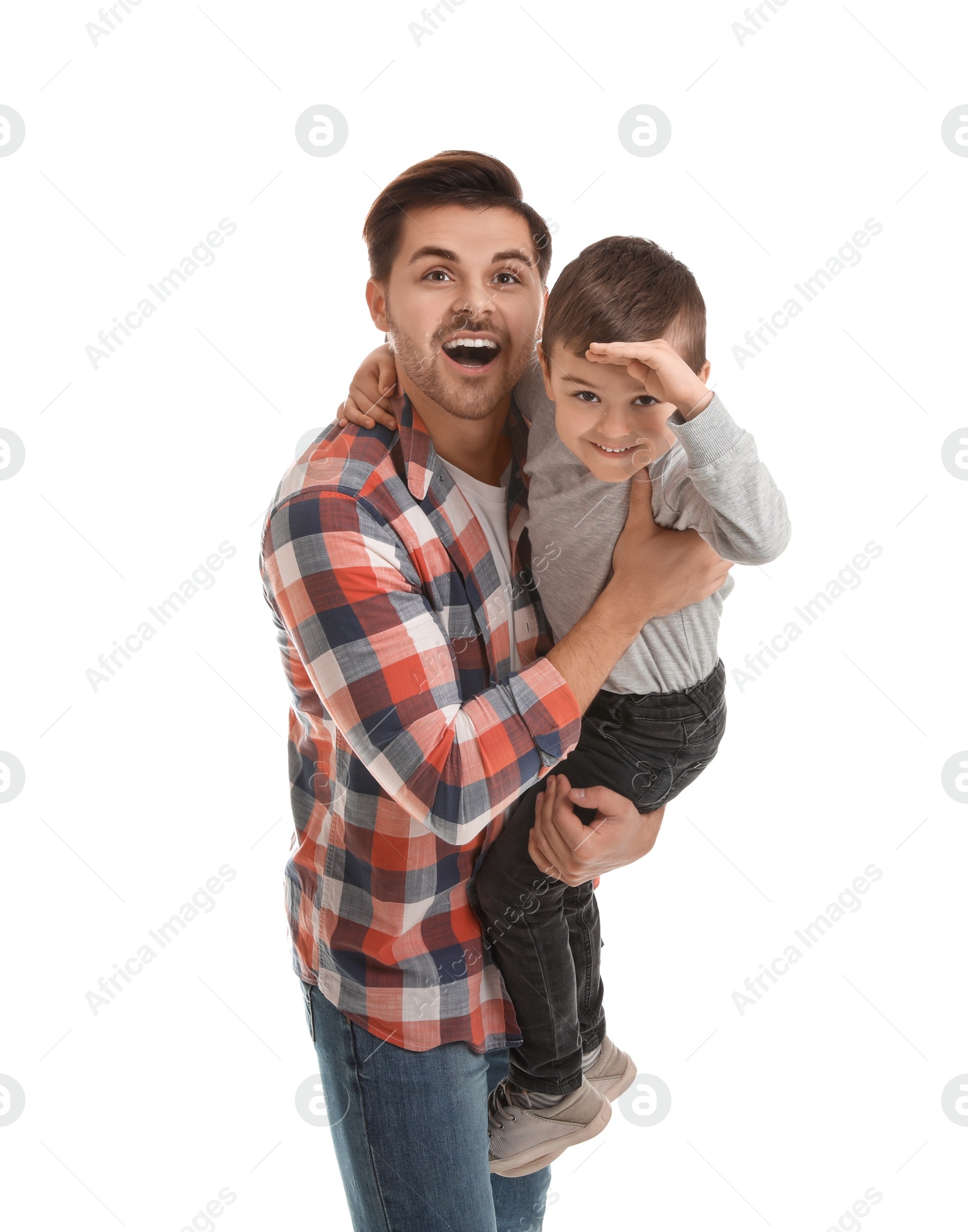 Photo of Portrait of dad playing with his son isolated on white