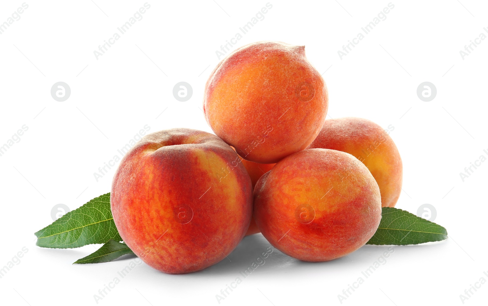 Photo of Fresh sweet peaches on white background