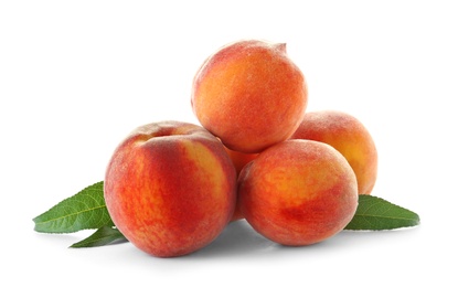 Photo of Fresh sweet peaches on white background