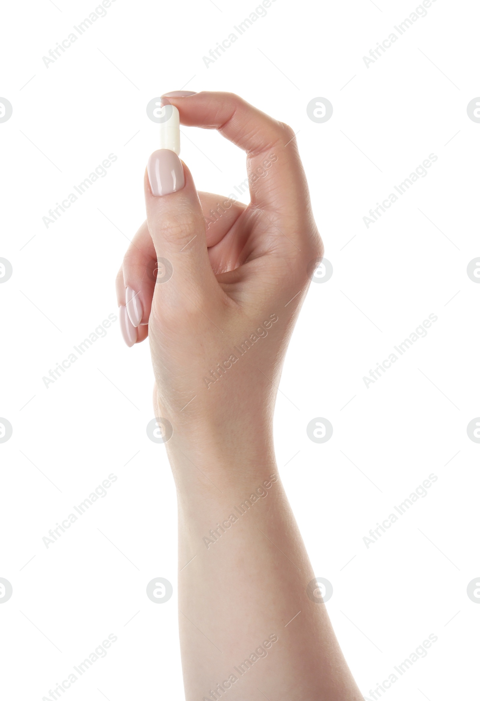 Photo of Woman holding vitamin capsule on white background, closeup. Health supplement