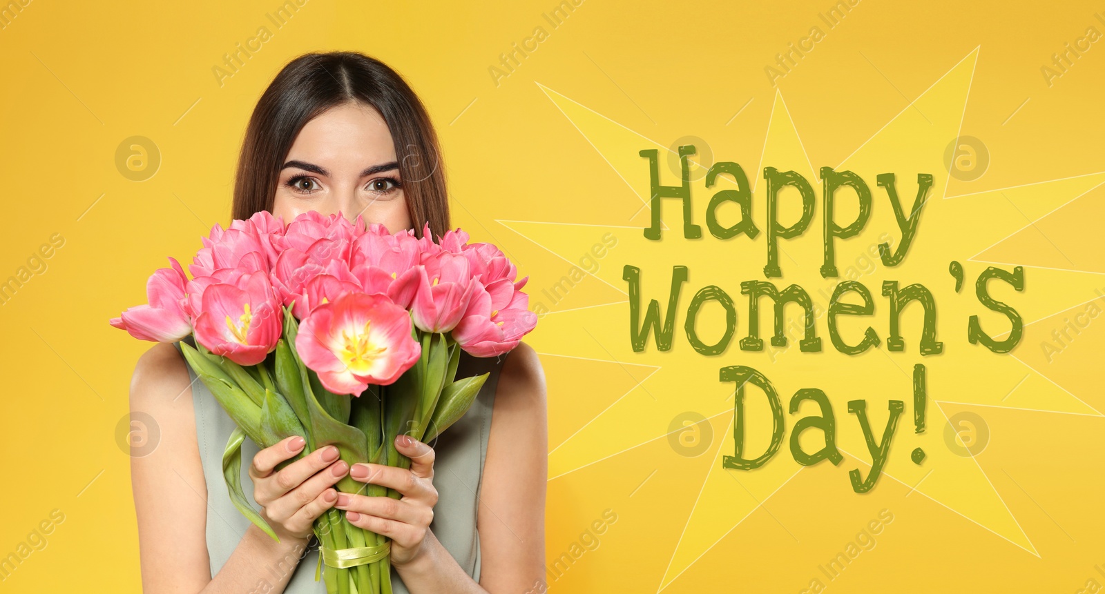 Image of Happy Women's Day, Charming lady holding bouquet of beautiful flowers on golden background