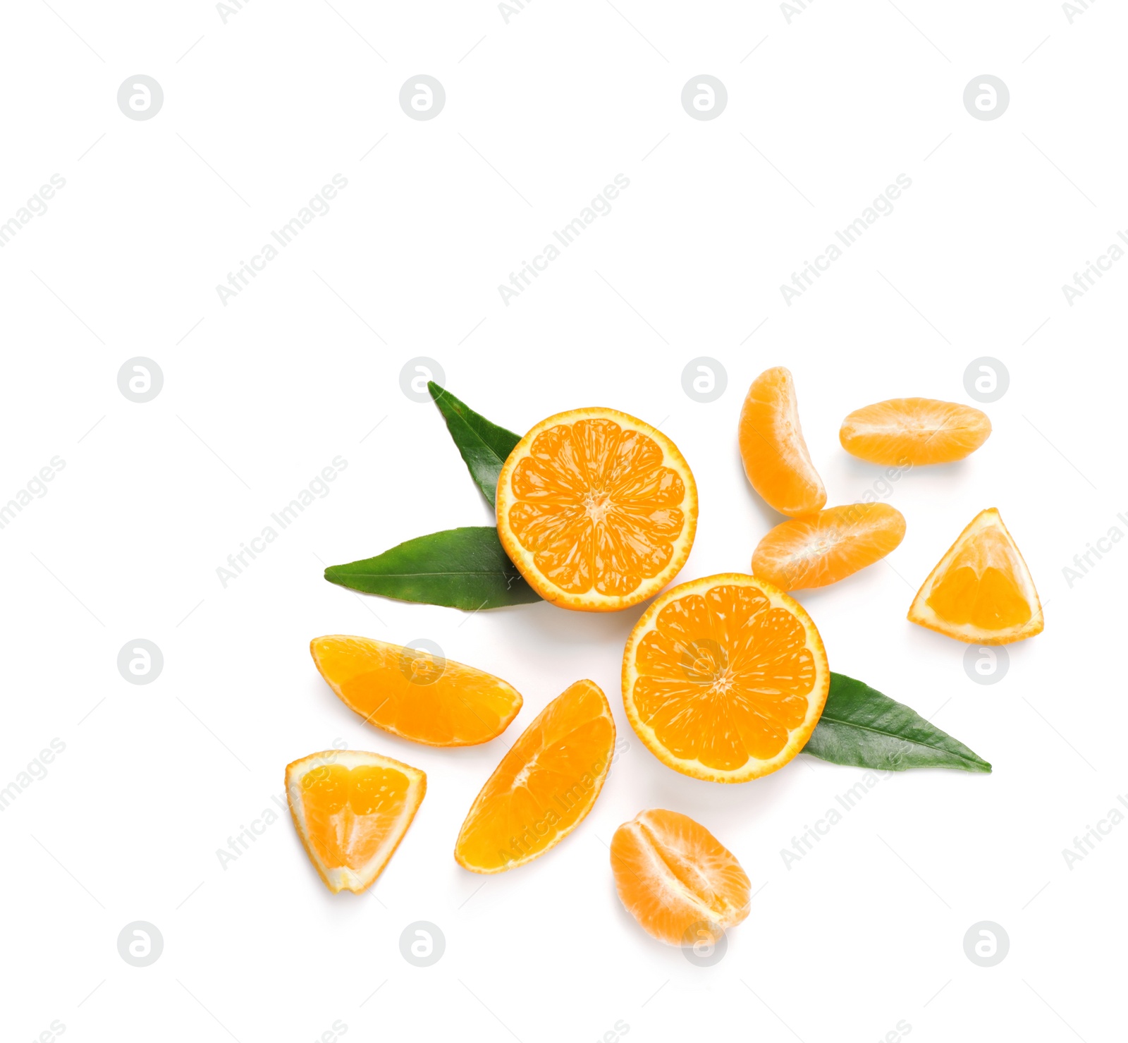 Photo of Composition with fresh ripe tangerines and leaves on white background, flat lay. Citrus fruit