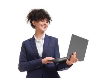 Beautiful businesswoman in suit with laptop on white background, low angle view