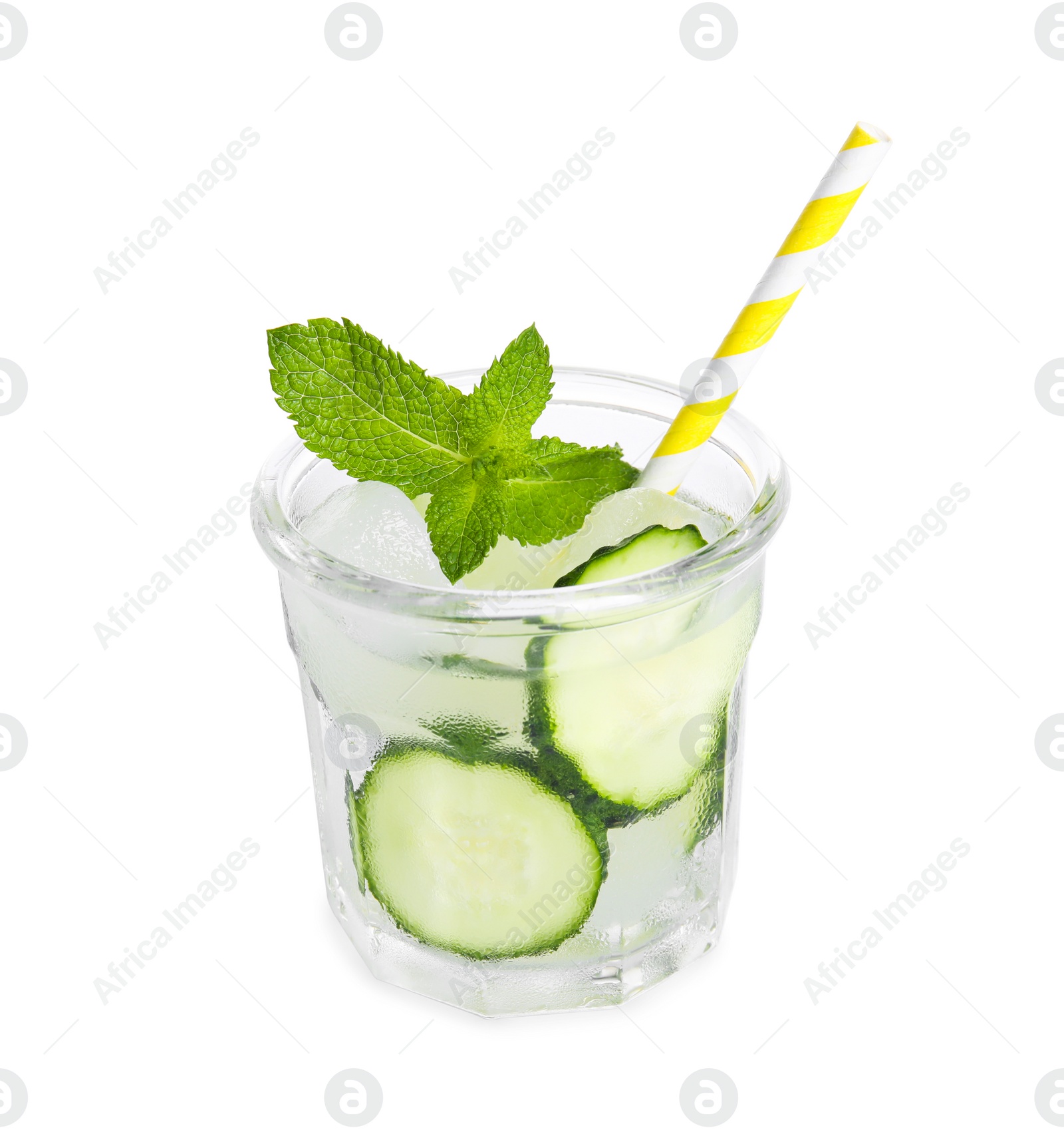 Photo of Refreshing cucumber water with mint in glass isolated on white