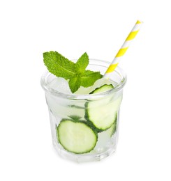Photo of Refreshing cucumber water with mint in glass isolated on white