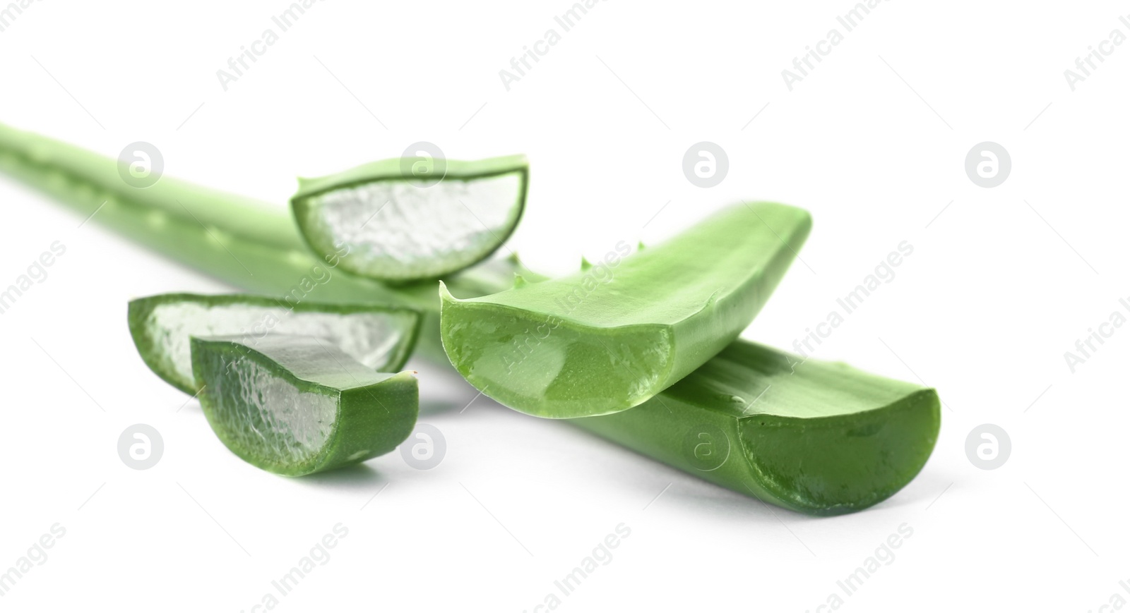 Photo of Aloe vera slices on white background