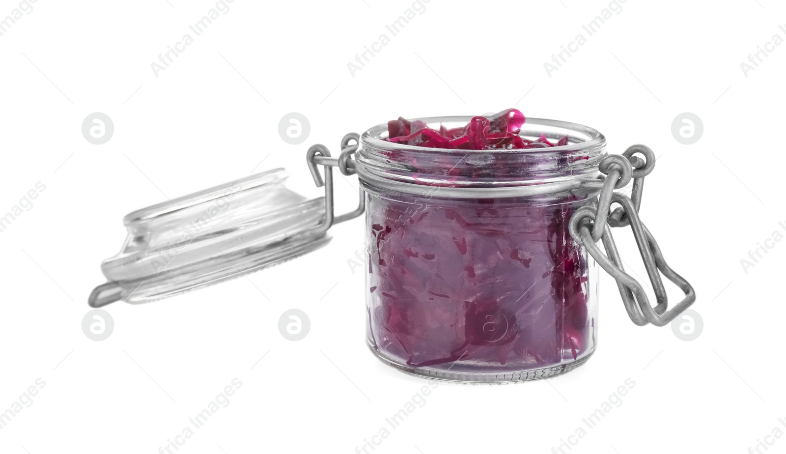 Photo of Jar with tasty red cabbage sauerkraut isolated on white