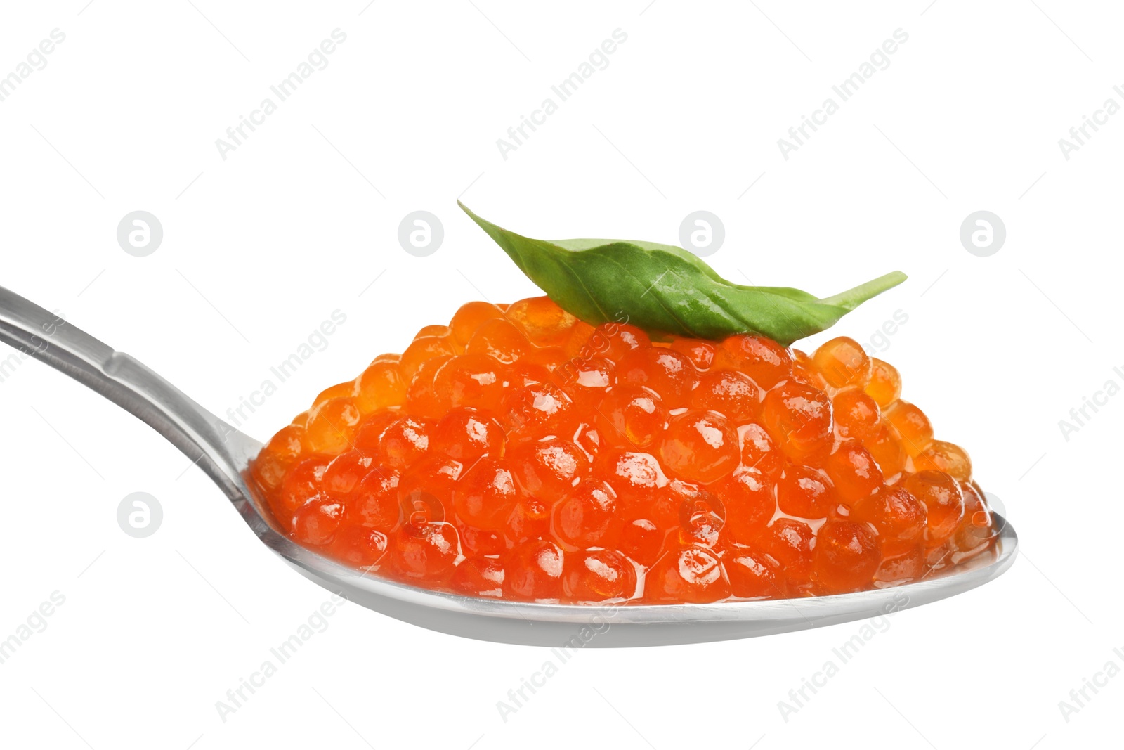 Photo of Spoon with delicious red caviar and basil leaf isolated on white