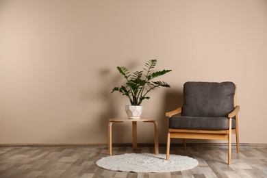 Photo of Stylish room interior with comfortable armchair and plant near color wall. Space for text
