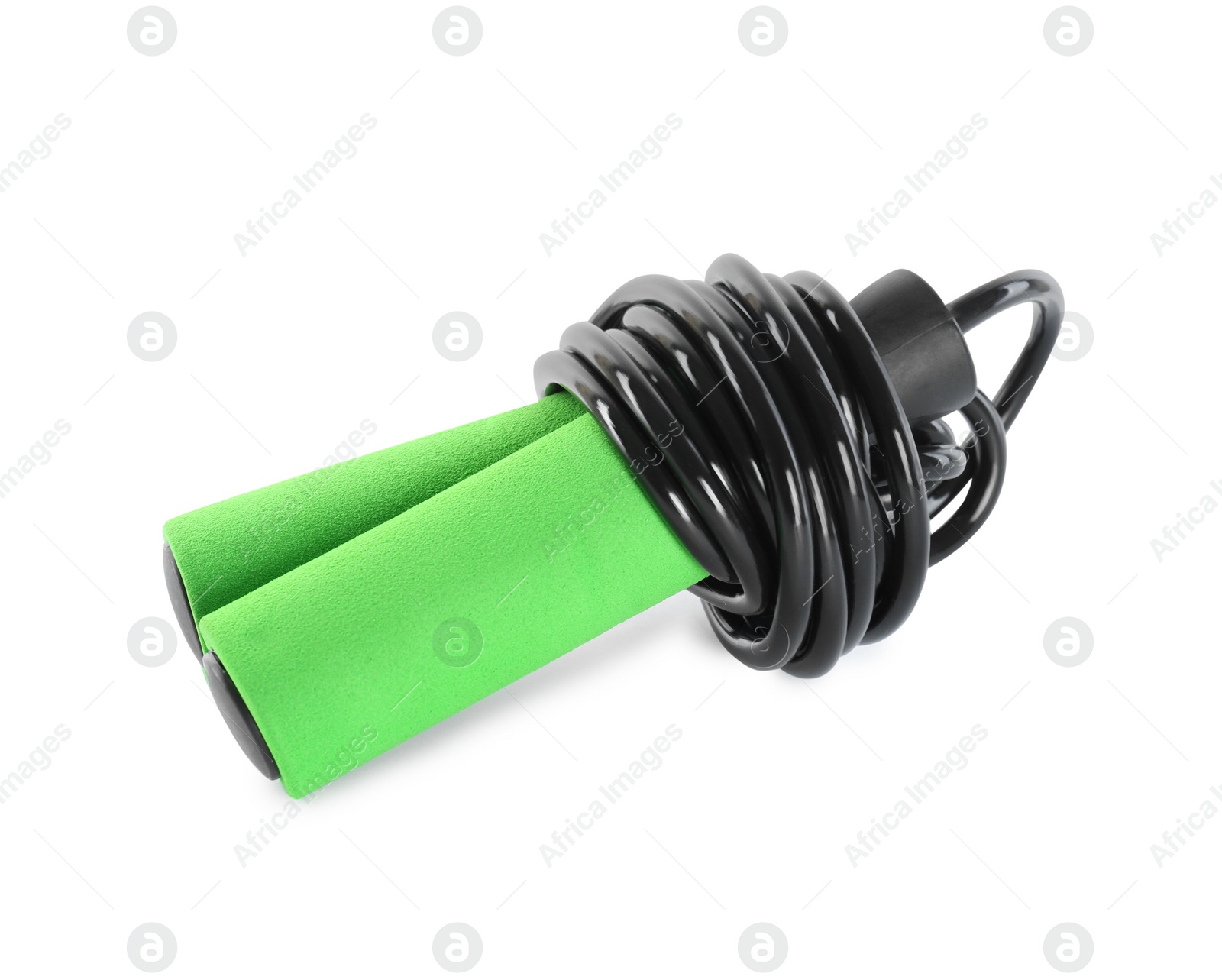 Photo of Black skipping rope on white background. Sports equipment