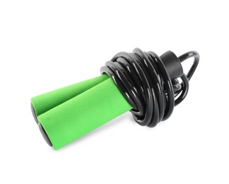 Black skipping rope on white background. Sports equipment