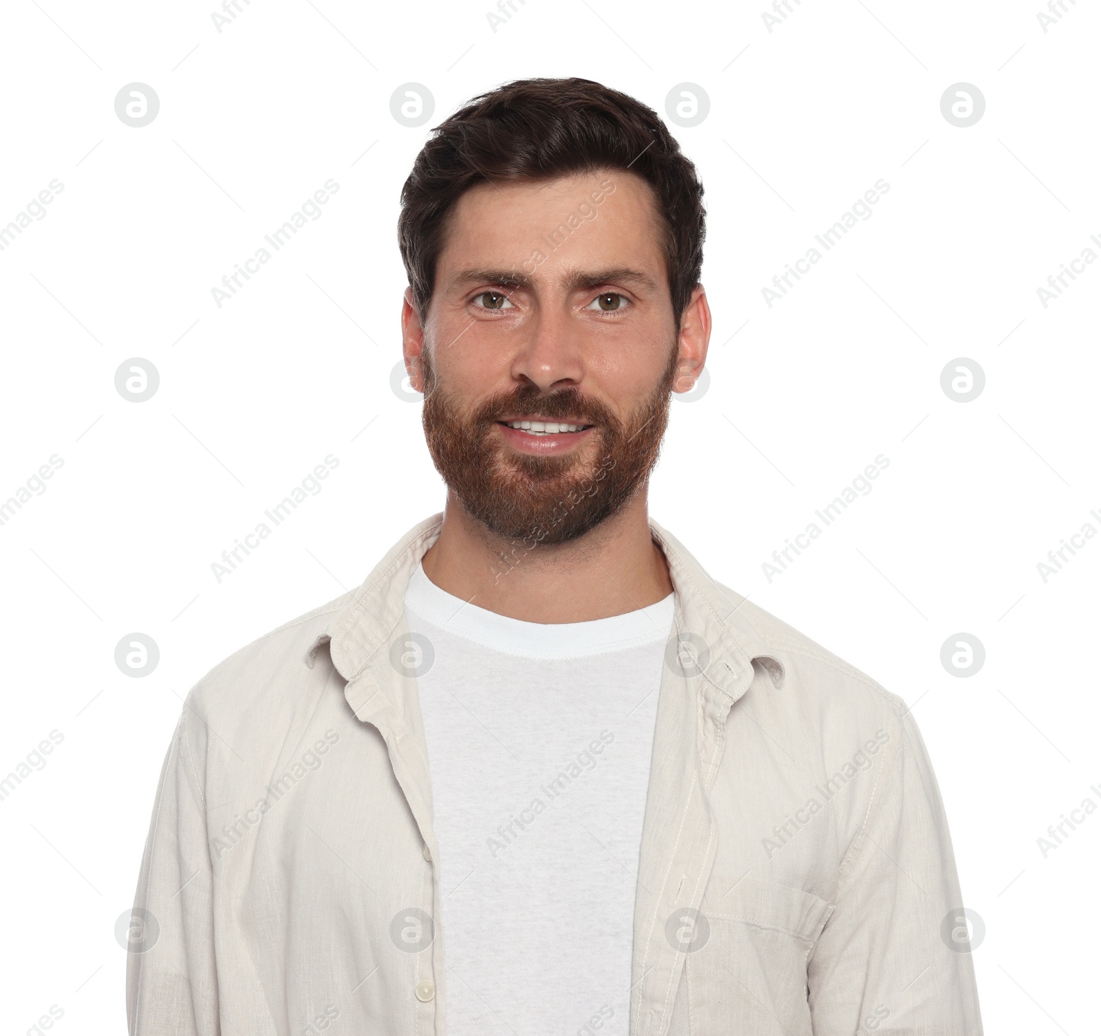 Photo of Portrait of handsome bearded man on white background