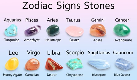 Image of Zodiac signs and their gemstones on color background