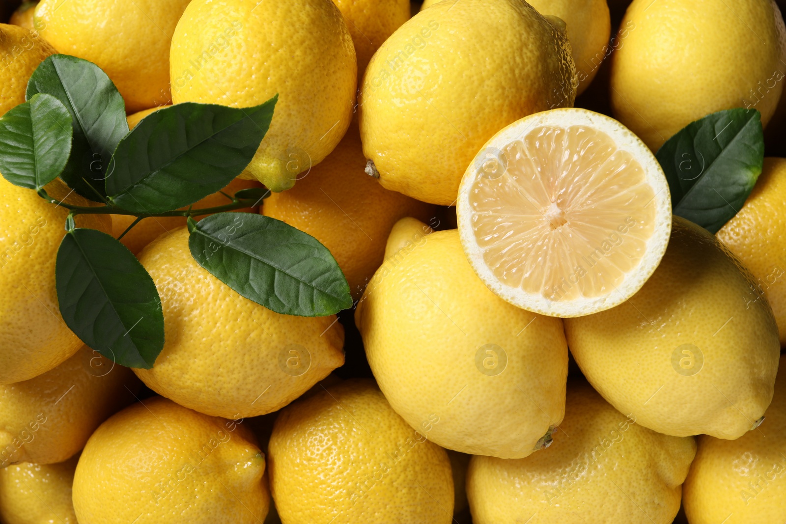 Photo of Fresh lemons and green leaves as background, top view