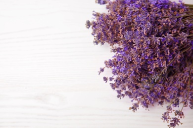 Photo of Bouquet of lavender flowers on light background