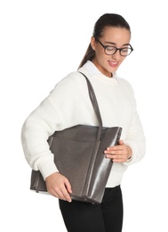 Photo of Woman with stylish shopper bag on white background