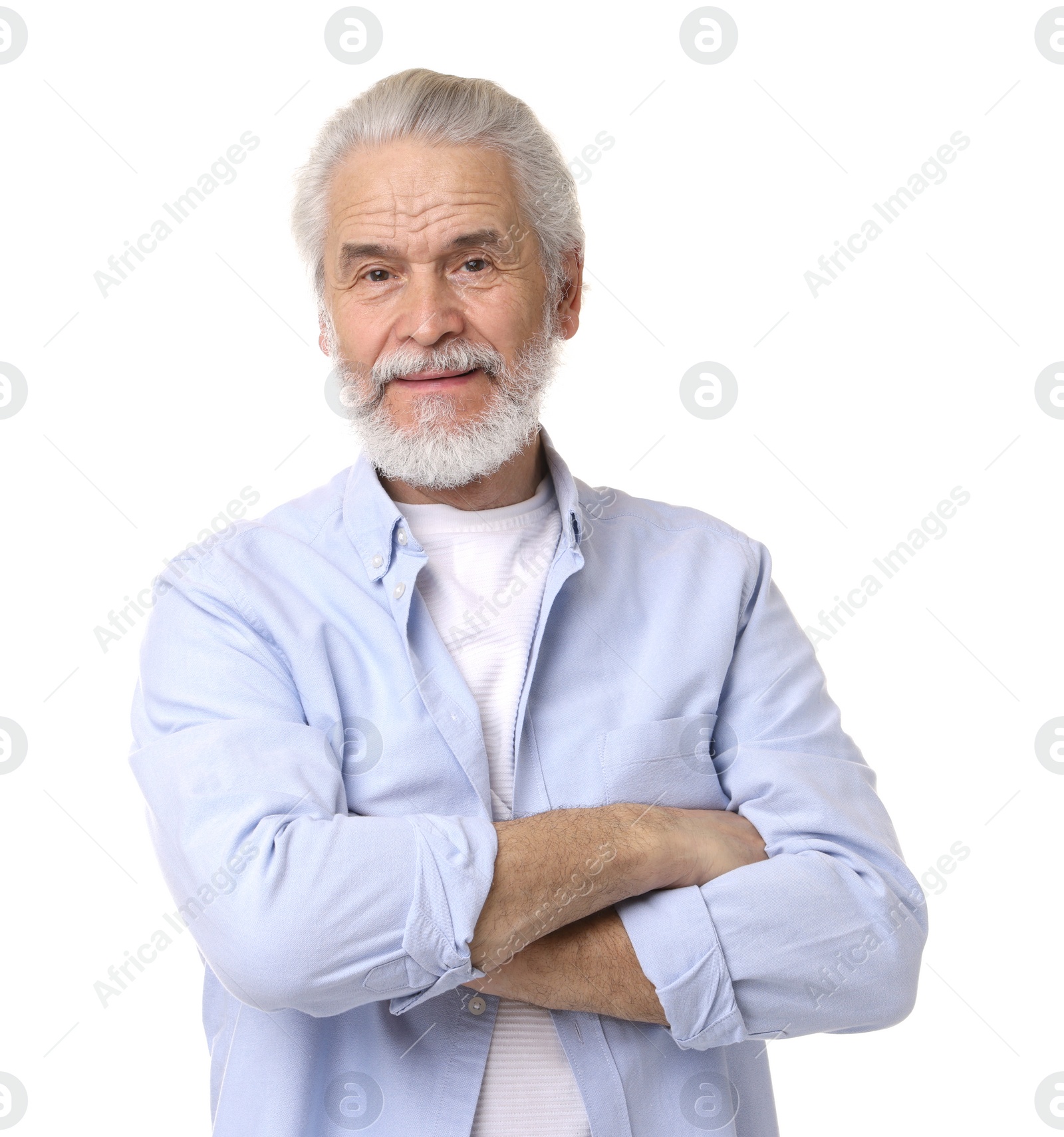 Photo of Portrait of happy grandpa on white background