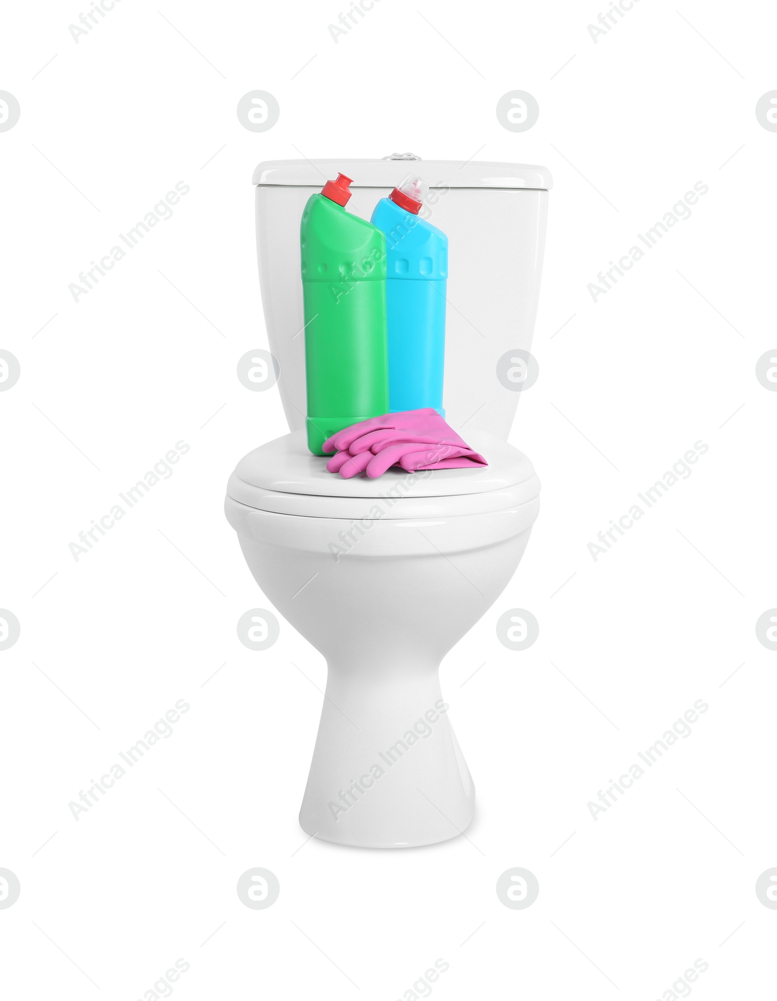 Photo of Toilet bowl and cleaning supplies on white background