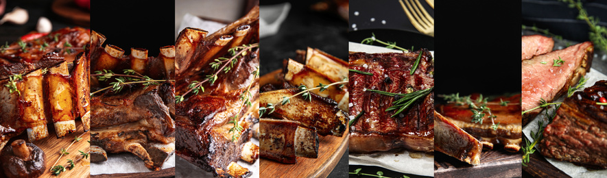 Collage with different photos of delicious grilled meat. Banner design 