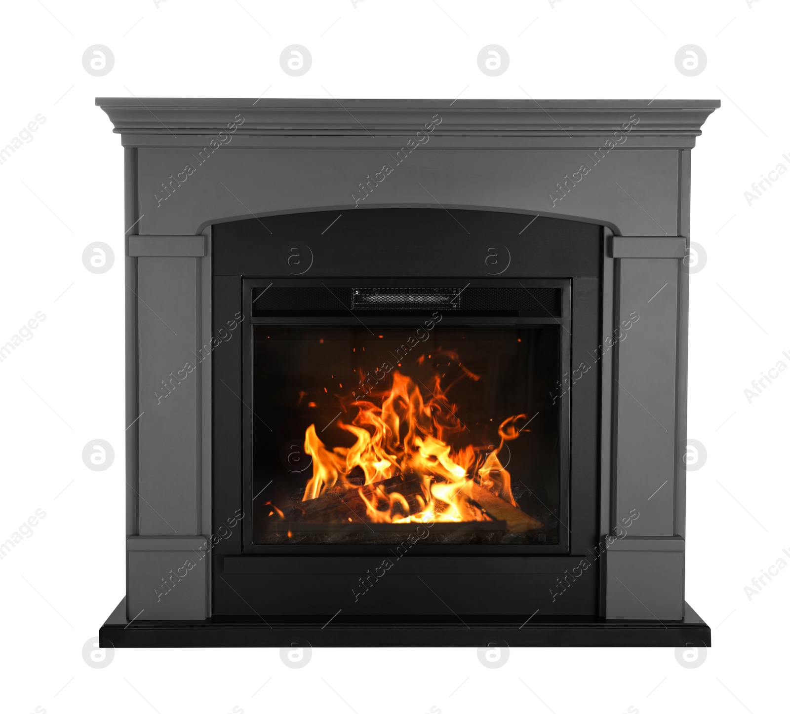 Photo of Decorative electrical fireplace isolated on white. Interior element