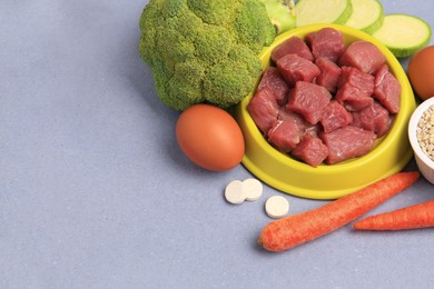 Photo of Raw meat in bowl, vitamins and products for pet on color background, above view. Space for text