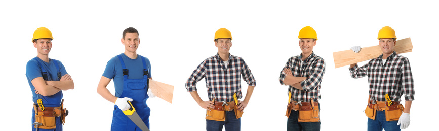 Image of Collage of handsome carpenter on white background
