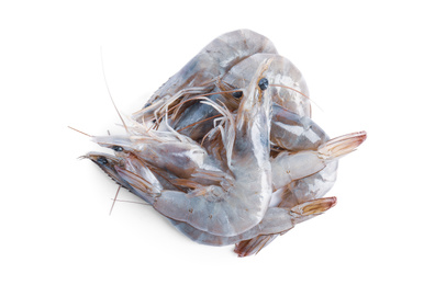 Fresh raw shrimps isolated on white, top view. Healthy seafood